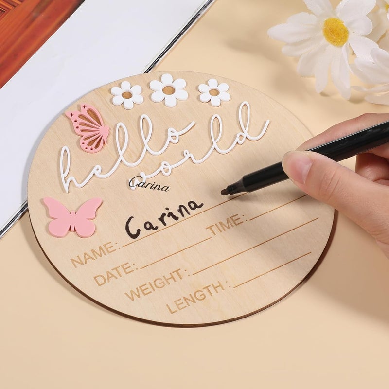 Ajcotahm Hello World Newborn Sign, 5.9 Inch Wooden Baby Announcement Sign Pink Butterfly Style Birth Welcome Board for Newborn Boys Girls Photo Props Baby Shower Hospital Nursery (White) - Image 5